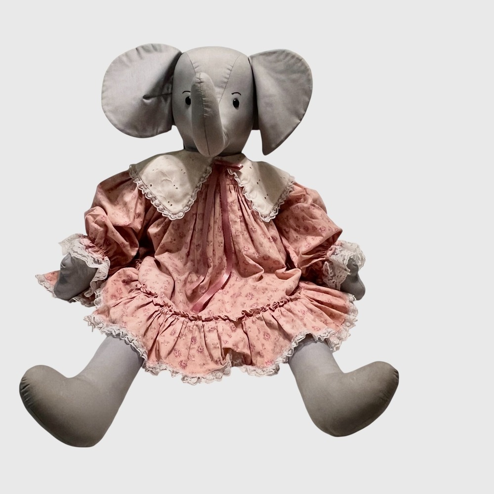 Vintage Gray Stuffed Elephant Doll Pink Floral Dress &‎ Lace Collar  30 inches